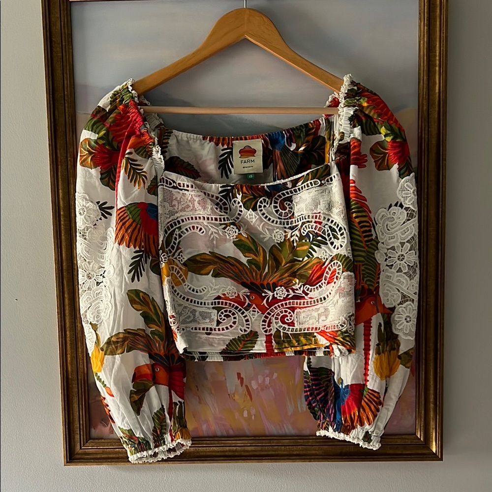 FARM Rio Red Crop Blouse with Puffed 3/4 Sleeves